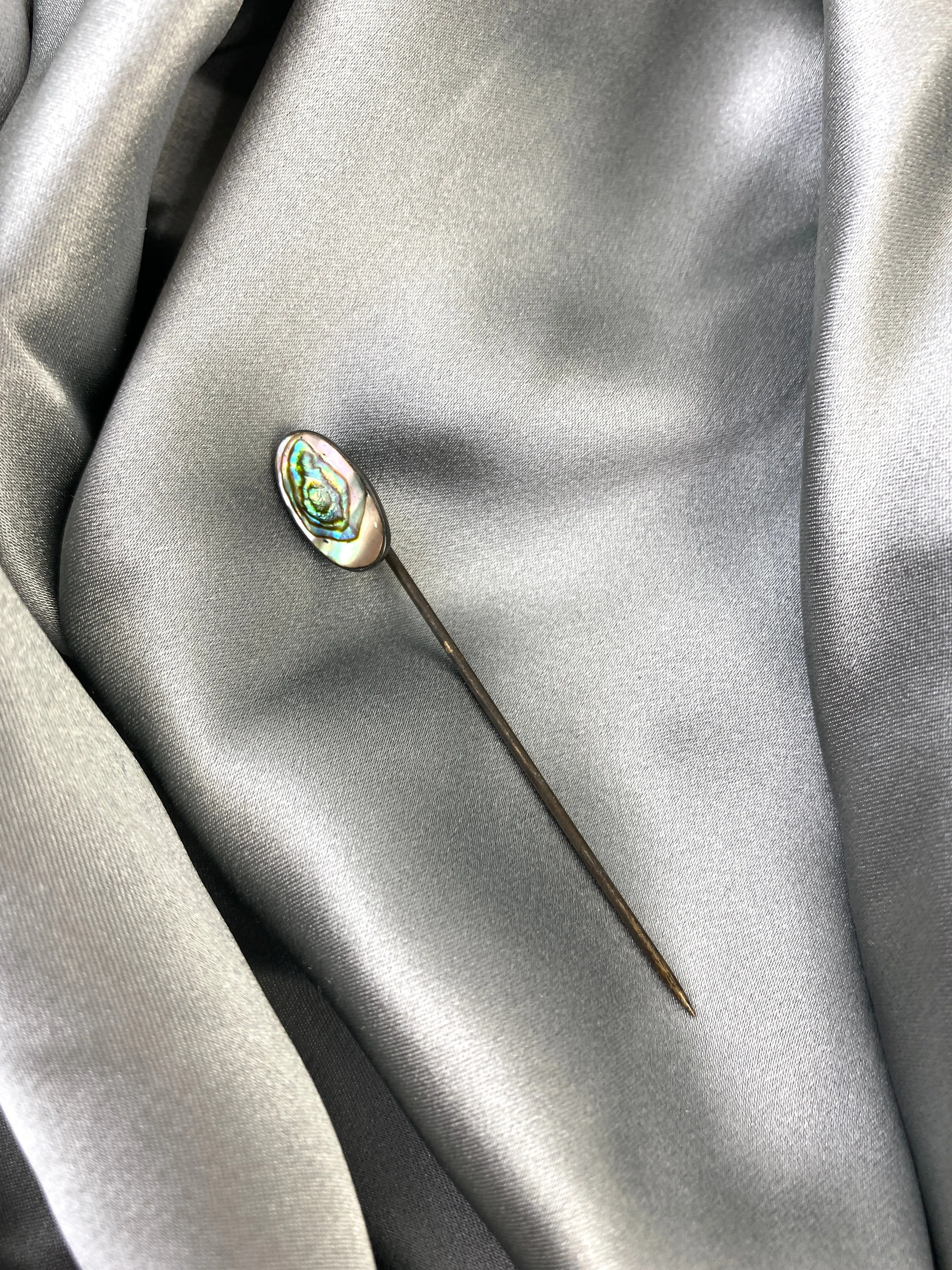 Antique 1910s Oval Shape Abalone Shell Silver Stick Hat Pin