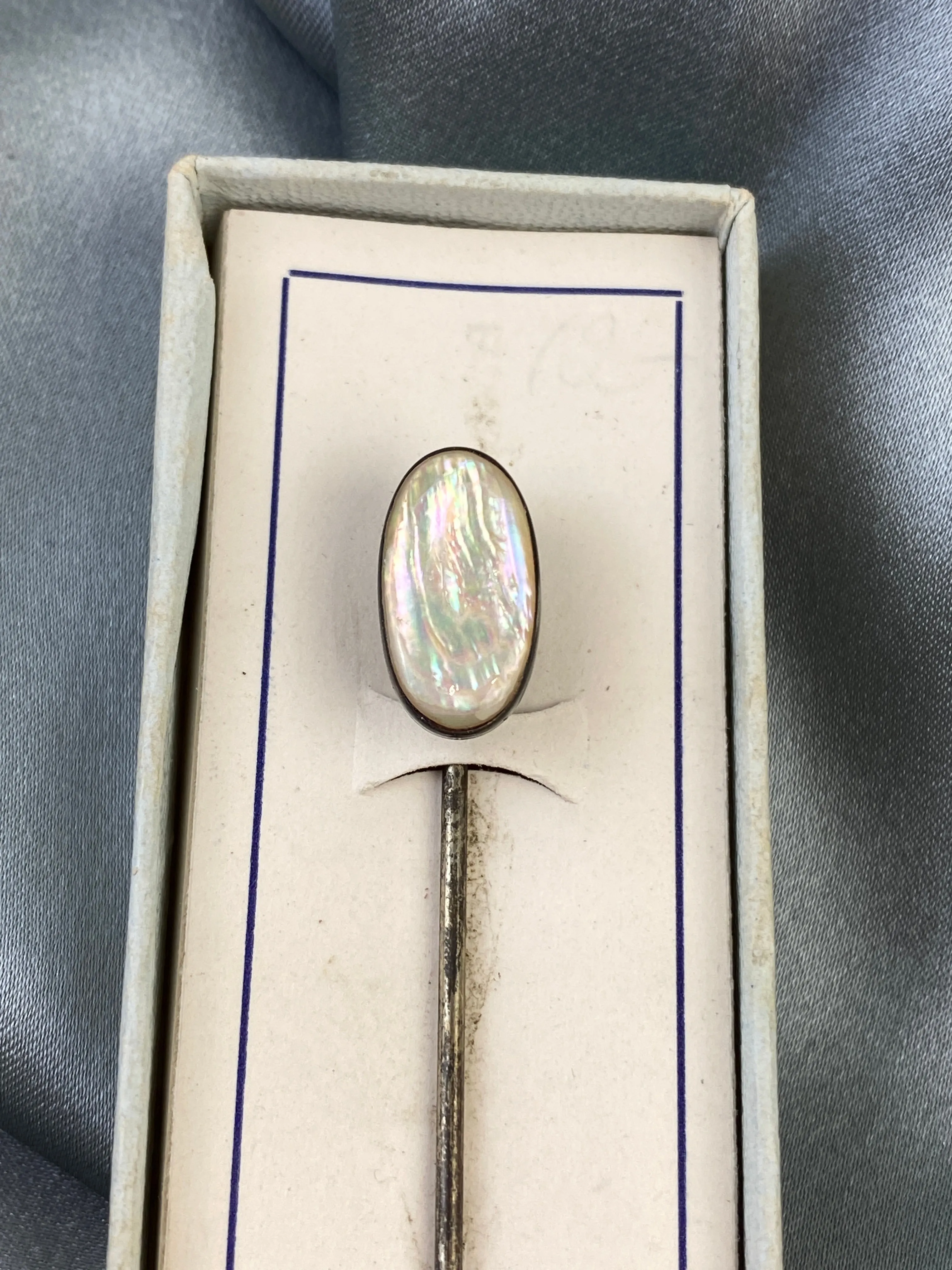 Antique 1910s Oval Shape Abalone Shell Silver Stick Hat Pin