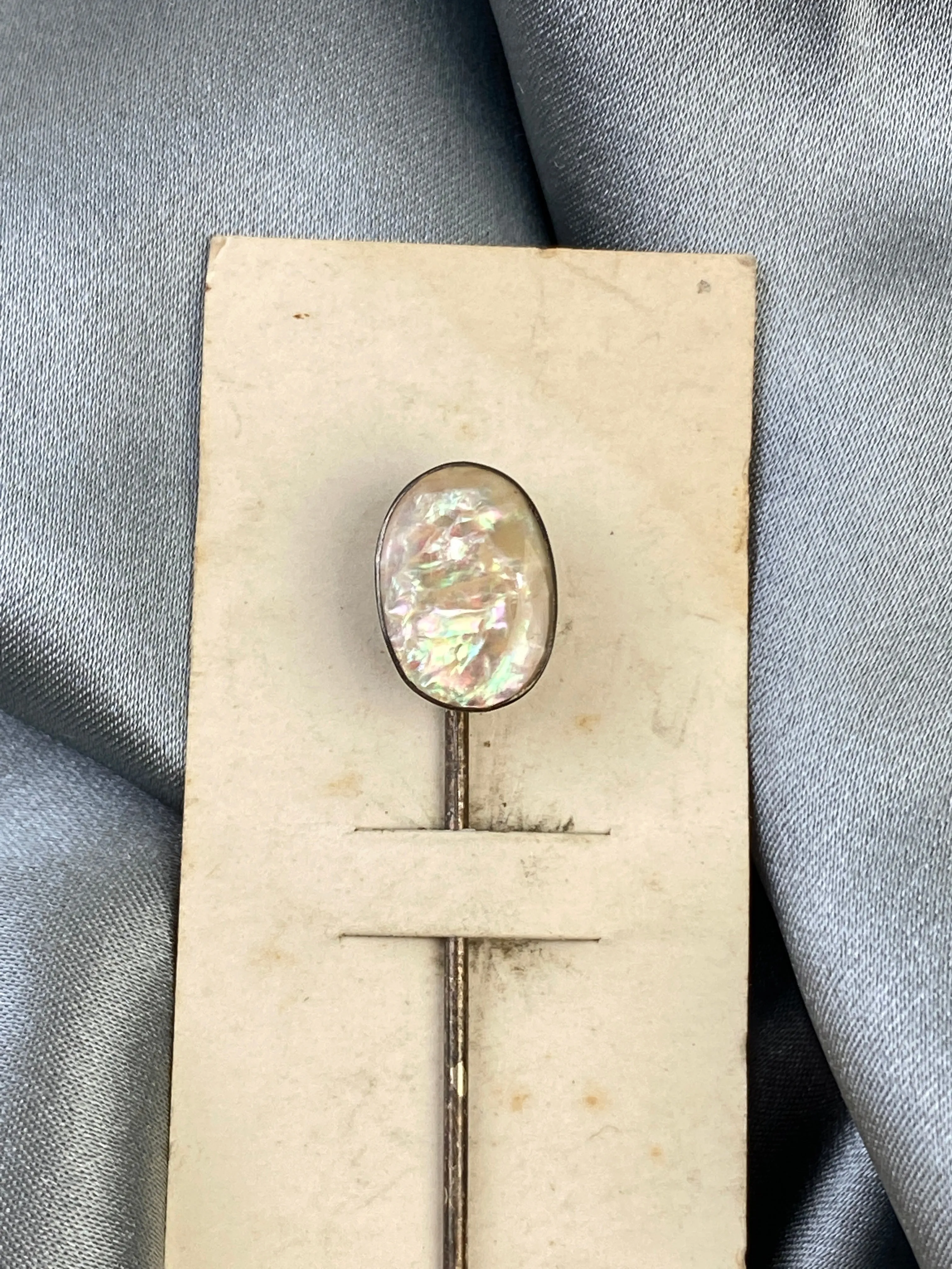 Antique 1910s Oval Shape Abalone Shell Silver Stick Hat Pin