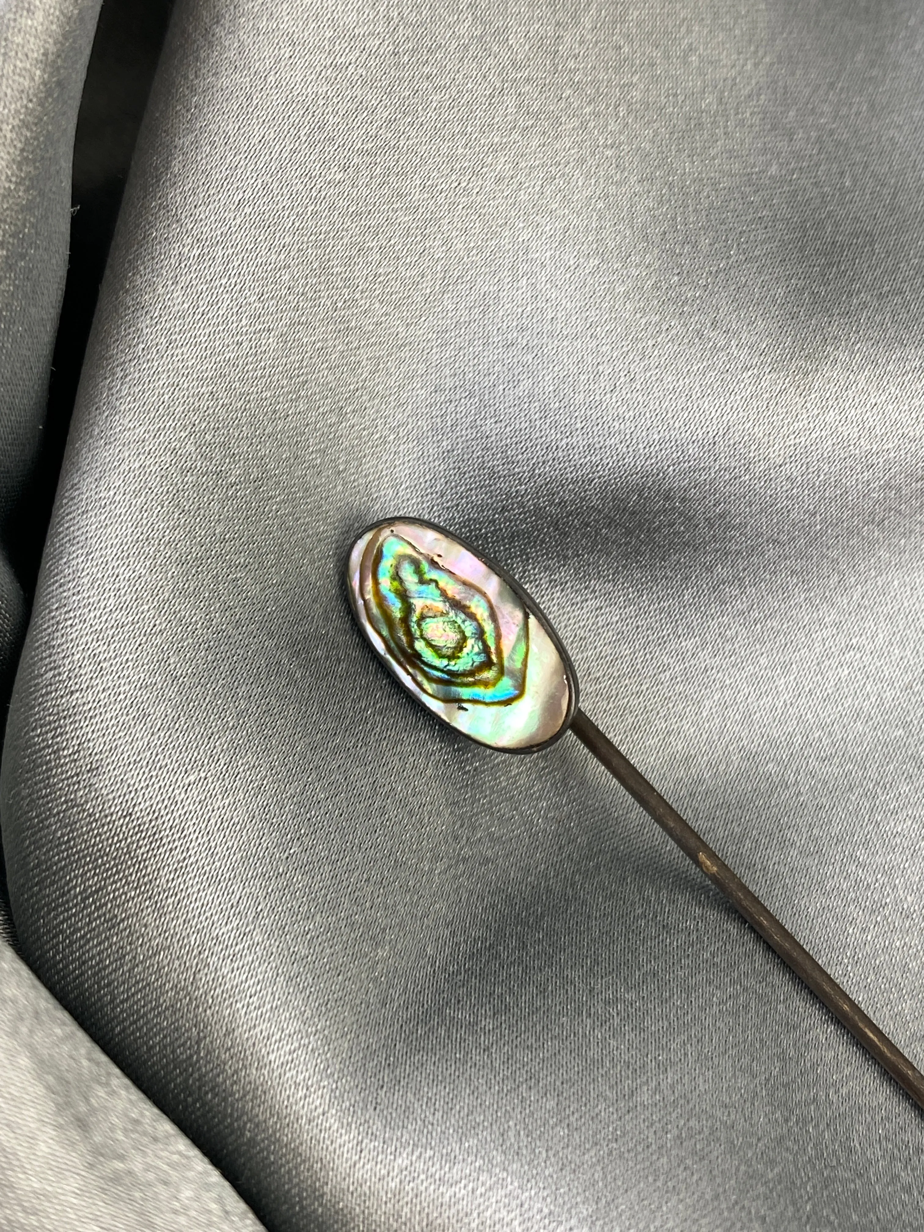 Antique 1910s Oval Shape Abalone Shell Silver Stick Hat Pin