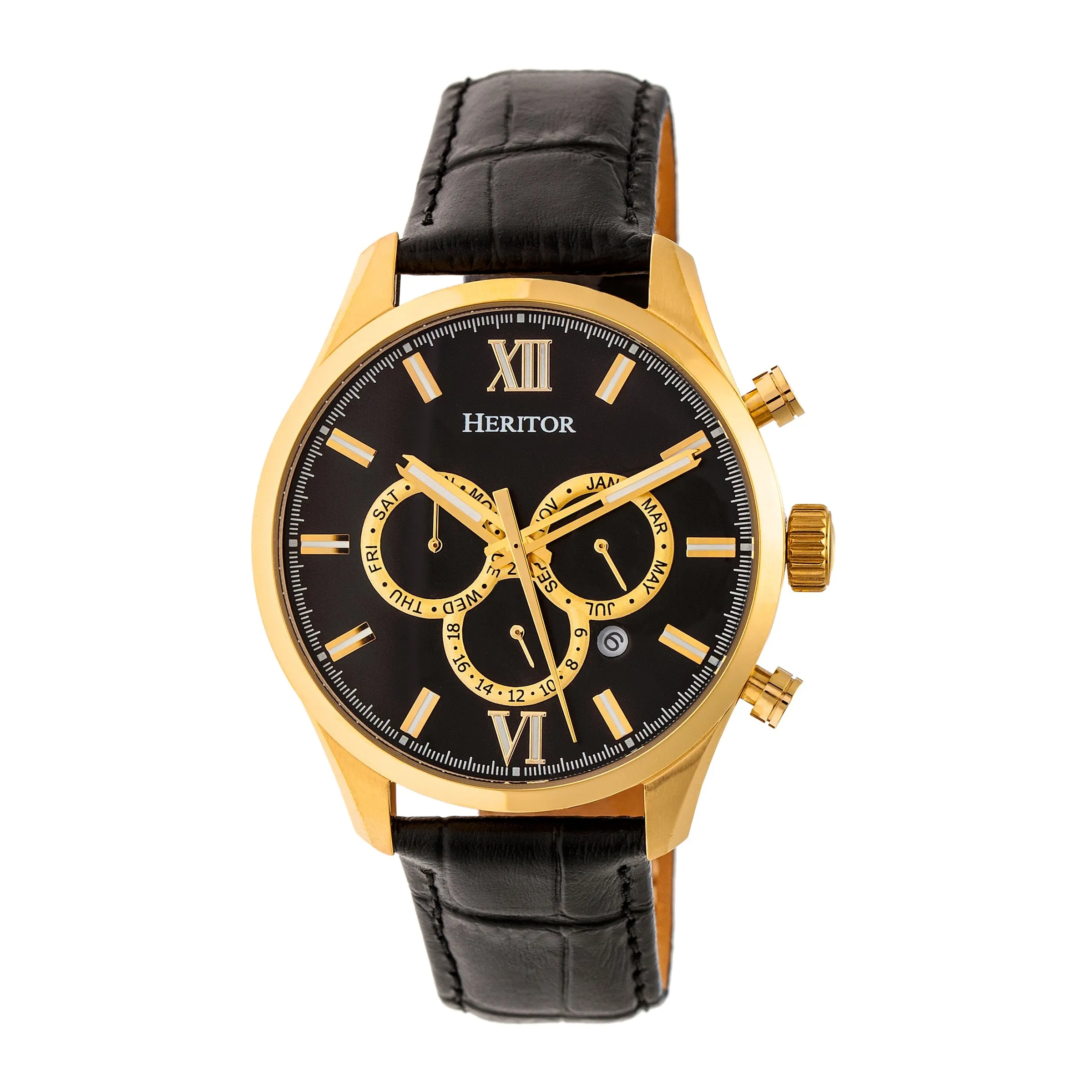 Heritor Automatic Benedict Leather-Band Watch w/ Day/Date - Gold/Black